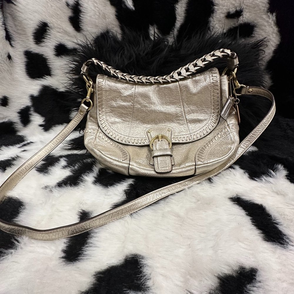 Authentic Coach Metallic Whipstitch Leather Convertible Bag in Platinum